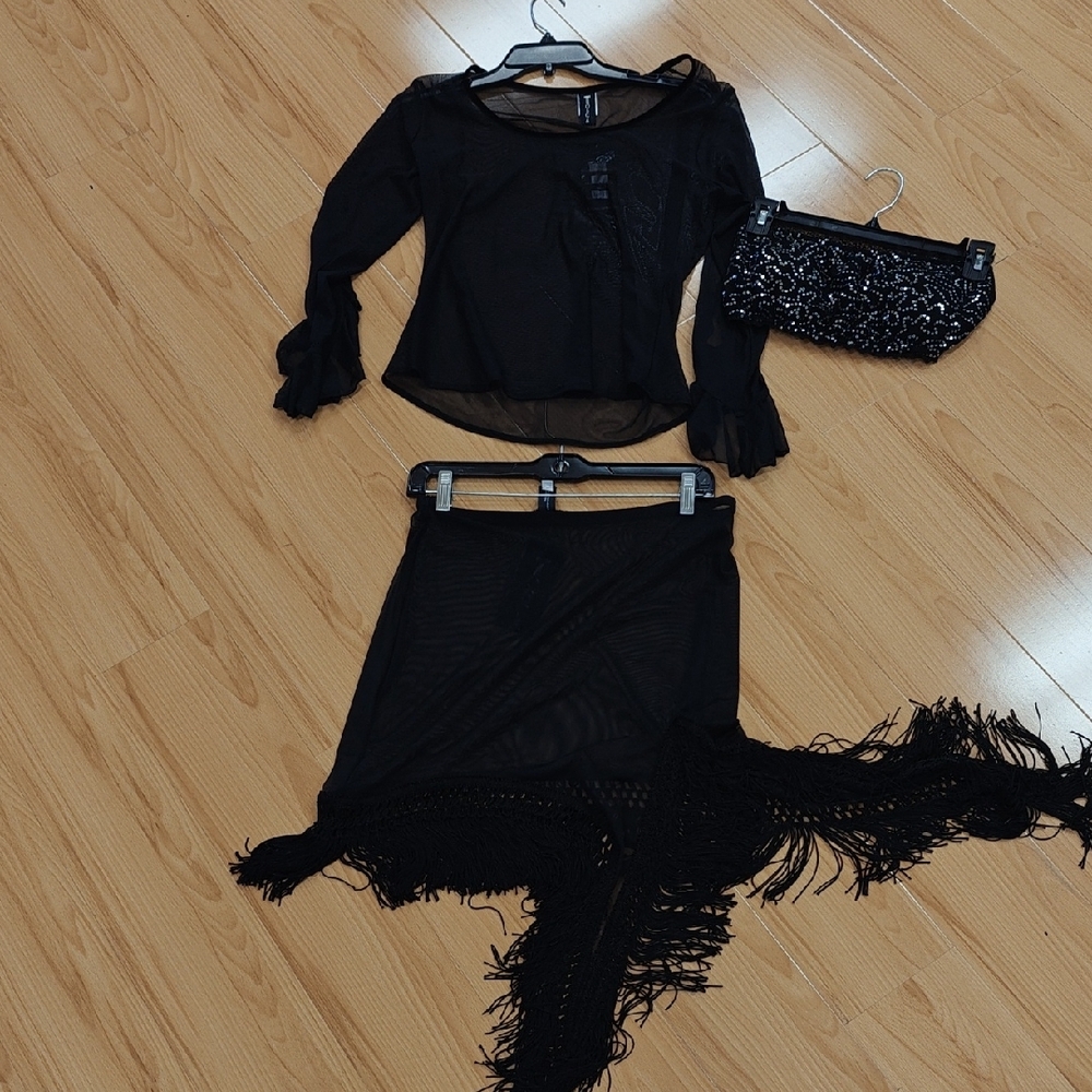 Latin Dance Sheer Black Fringe Skirt, Top And Halter.